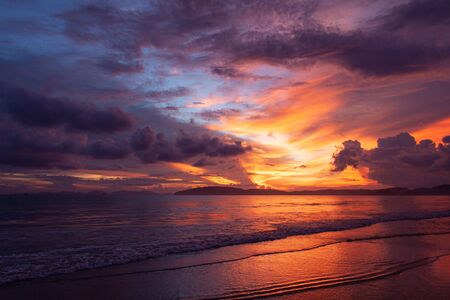 Beautiful sky over the beach scenery with sea view, clouds, and waves. Nature beauty composition.