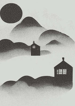 Minimalistic landscape with little houses ans sun or moon. Stipple vector illustration.のイラスト素材