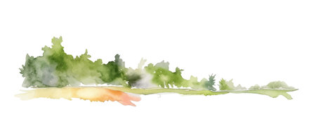 Watercolor beach with forest. Green trees and bushes isolated on white background. Gorizontal bar element, divider, separator, footer for your design. Vector illustration.のイラスト素材