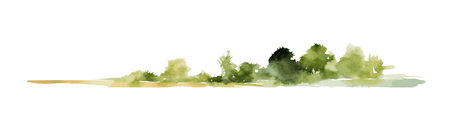 Watercolor beach with forest. Green trees and bushes isolated on white background. Gorizontal bar element, divider, separator, footer for your design. Vector illustration.のイラスト素材