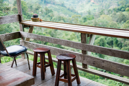 Wooden terrace at green tea farmの写真素材