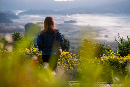 Young woman watching sunrise high in the mountain at Phu Lung ka,Thailand