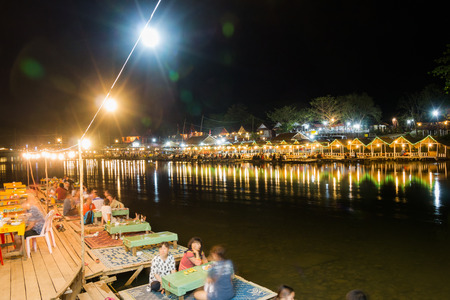 Vangviang, Laos - Feb 19 :Restaurant on the riverfront at night on Feb 19, 2017 in Vangviang, Laosのeditorial素材