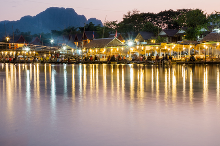 Vangviang, Laos - Feb 19 :Restaurant on the riverfront at night on Feb 19, 2017 in Vangviang, Laosのeditorial素材