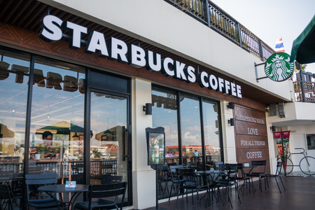 Bangkok, Thailand- Mar 20 : Starbucks Coffee coffeehouse at Maharaj Pier on Mar 20, 2017 in Bangkok , Thailandのeditorial素材