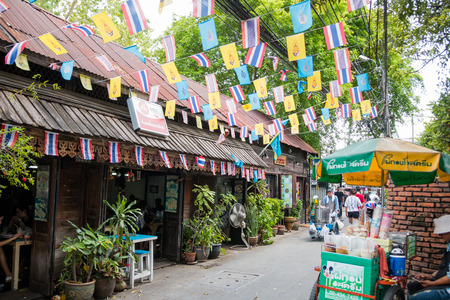 Bangkok, Thailand- Mar 20 : Thai style noodle restaurant at Wanglang market on Mar 20, 2017 in Bangkok, Thailandのeditorial素材