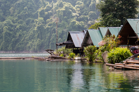 Tropical lakeside hut in ratchaprapa dam or Cheow Lan Dam Suratthani, Thailand.のeditorial素材