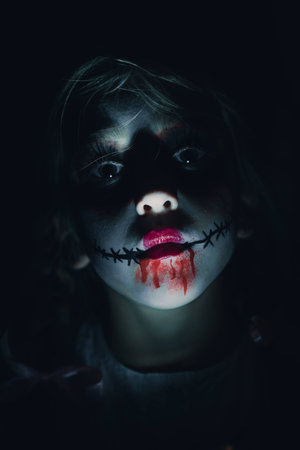young girl with scary make-up. Make-up like a horror doll, during halloween. with the use of a single lightの写真素材