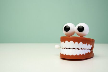 chattering teeth toy on a table with a green background. Jaw funny teethの写真素材