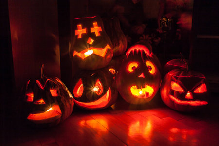 scary and funny pumpkins on Halloweenの写真素材