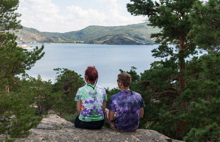 forest lake with waterfowlの写真素材
