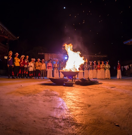 People dance at night round a bright bonfire. Kazakhstanのeditorial素材