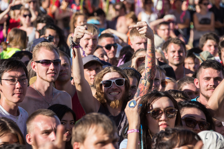 Cosmos Village, Almaty Province, Kazakhstan - 16 August 2015: The festival of ethnic music Forey, a lot of people gathers on this holiday to relax and have  fun. Ethnic open-air concert, where many people gathered.のeditorial素材