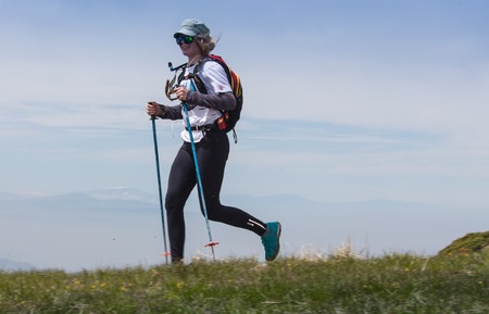 ALMATY, ALMATY DISTRIKT,KAZAKHSTAN - MAY 22, 2016: Open competition SKY RANNING 2016 held in Eliksay gorge. A girl runs up to the mountain named Bukreeva participating in the competition.のeditorial素材