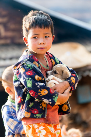 KOLTI VILLAGE / WESTERN NEPAL- FEBRUARY 10 2016 - group of nepalese children near Kolti village in western Nepalのeditorial素材