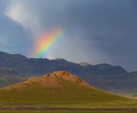 rainbow under the green field in Kazakhstanの写真素材