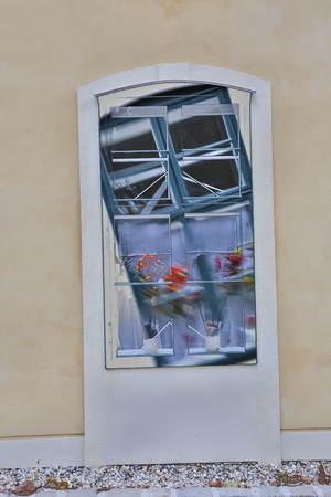 Window on a red brick wall with vintage tone