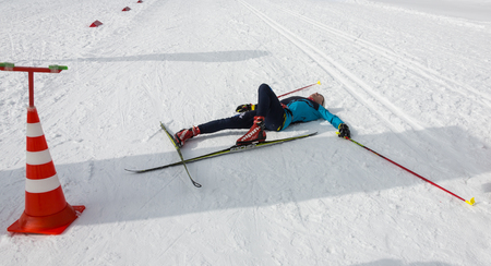 ALMATY, KAZAKHSTAN - FEBRUARY 18, 2017: amateur competitions in the discipline of cross-country skiing, under the name of ARBA Ski Fest. The joy at the finish of the competitionのeditorial素材