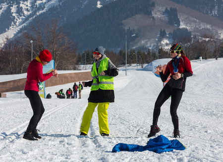 ALMATY, KAZAKHSTAN - FEBRUARY 18, 2017: amateur competitions in the discipline of cross-country skiing, under the name of ARBA Ski Fest. The joy at the finish of the competitionのeditorial素材