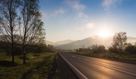 Road in sunrise time, Ailai mountains, Russiaの写真素材