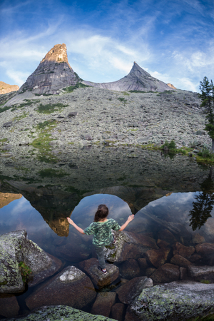 The spectacular view of Lake artists one of the most photographed lake in Ergaki, Russia, reflecting the majestic mountainsの写真素材