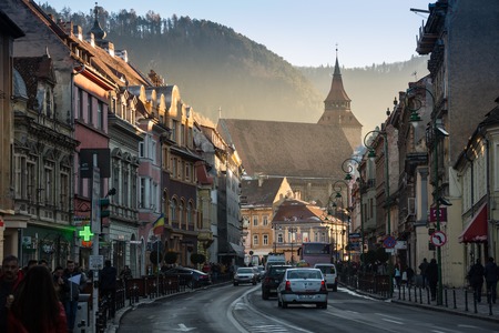 Brasov, Transylvania, Romania - Novemrer 19, 2016: the central square of the old town. Brasov. Transylvania. View from above. The buildings, the people on the square like little ants. An interesting effectのeditorial素材
