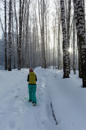 Girl with umbrella walking on the path and row trees. Winter.の写真素材