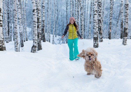 Girl with umbrella walking on the path and row trees. Winter.の写真素材