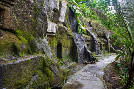 Gunung Kawi. Ancient carved in the stone temple with royal tombs. Bali, Indonesia. PANORAMA, long formatの写真素材
