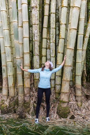 stylish young girl posing against a bamboo tree in the park, restingの写真素材