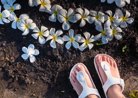 Womans feet with plumeria flower between toes.の写真素材