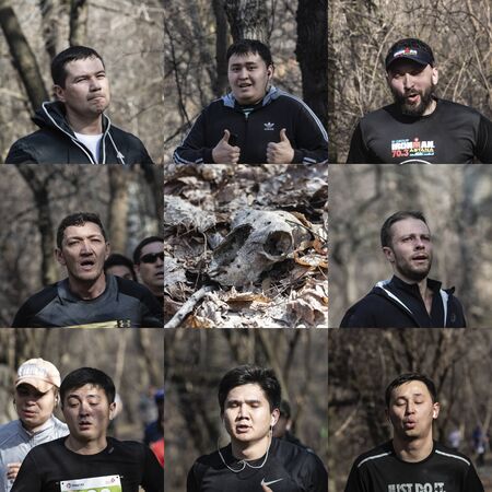ALMATY KAZAKHSTAN - MARCH 16 2019: nine faces of marathoners with different expressions, during the...