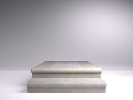 Empty podium stone shelves with grunge white gray cement or concrete texture, white background. Counter for display or montage of product.の写真素材