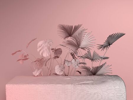 Pink pastel background with stone slab and plants behind it 3d rendering illustration.の写真素材
