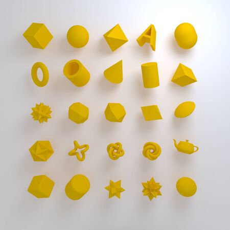 Set of 3d render realistic primitives on white background. Isolated graphic elements. Spheres,...
