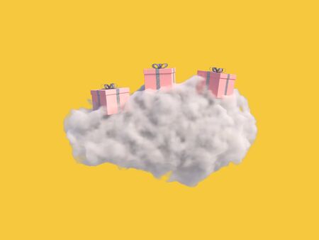 Gift box on the cloud on yellow background. 3d renderingの写真素材