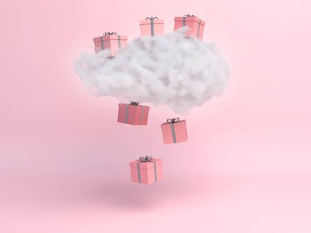 Cloud with gift box rain on pastel pink background. Creative idea. Minimal concept. 3d renderingの写真素材