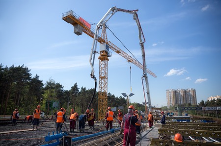 MOSCOW - MAY 2  Road construction and concreting the superstructure of the bridge on May 2, 2014 in...