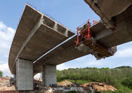 Bridge construction over Chachenka river in Moscow region, Russiaのeditorial素材