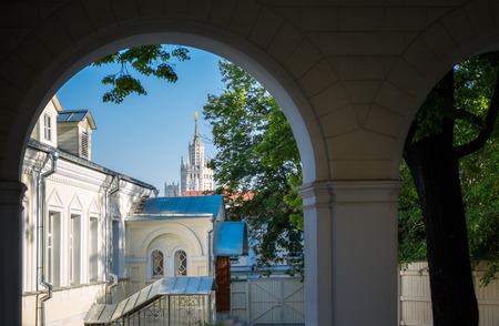 MOSCOW - MAY 18: Partial view of the Kotelnicheskaya Embankment Building from the yard of St. John the Baptist convent on May 18, 2014 in Moscow, Russia. Convent was founded in 1533 by Yelena Glinskaya, the second wife of Ivan the Great and the mother of のeditorial素材