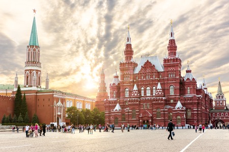 MOSCOW - MAY 16: People walking on the Red Square near Historical museum on May 16, 2014 in Moscow. The State Historical Museum of Russia is a museum of Russian history wedged between Red Square and Manege Square in Moscow.のeditorial素材