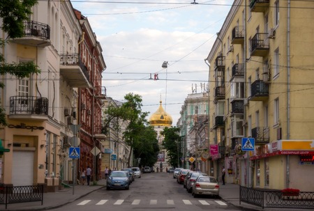 ROSTOV-ON-DON, RUSSIA - JUNE 14: People walking down Soborny side street on June 14, 2015 in Rostov-on-Don. The most conspicuous architectural feature of the central part of the city is the Cathedral of Virgin's Nativity, designed by Konstantin Thon.のeditorial素材