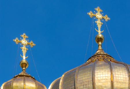 Golden crosses of the Cathedral of Christ the Savior in Moscow, Russiaの写真素材