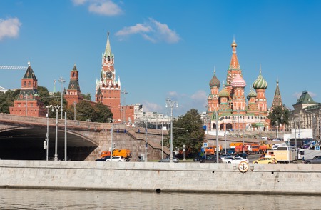 MOSCOW - SEPTEMBER 15, 2015: View from Raushskaya embankment to Spasskaya (Saviour) Tower  and St. Basil's Cathedral. This place is one of the most visitable parts of the city.のeditorial素材