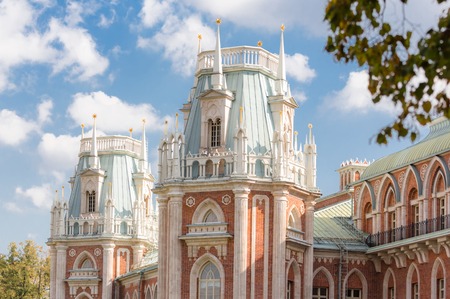 Close-up view of towers of Tsaritsyno palace in Moscowのeditorial素材