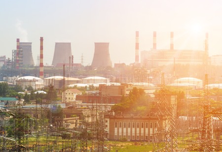 Extreme industry area in Moscow district Kapotnya. Here are refinery plant, thermal power station, electric lines and stations. Kapotnya is a most ecological dangerous place for living in Moscow.の写真素材