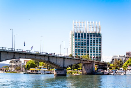 View from the water of Pedro de Valdivia Bridge in Valdivia, Chileのeditorial素材