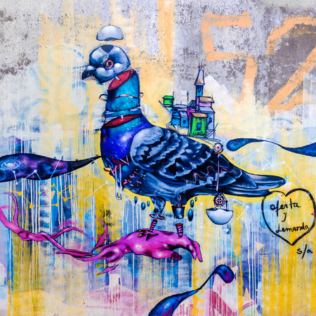 VALPARAISO, CHILE - OCTOBER 27, 2016: Street art graffiti in Concepcion and Alegre districts. Valparaiso is famous as a UNESCO World Heritage Site and also for its association with murals.のeditorial素材