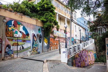 VALPARAISO, CHILE - OCTOBER 27, 2016: Street art graffiti in Concepcion and Alegre districts. Valparaiso is famous for its association with murals by world class graffiti painters.のeditorial素材