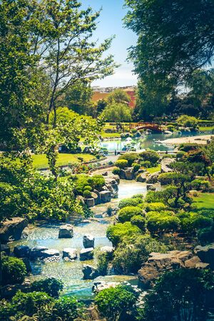 Beautiful japanese garden with stream in La Serena, Chileの写真素材
